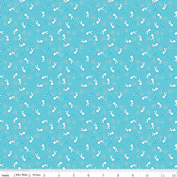 Storytime 30s Bunnies C13869 Aqua by Riley Blake Designs - Rabbits Blossoms Dots - Quilting Cotton Fabric