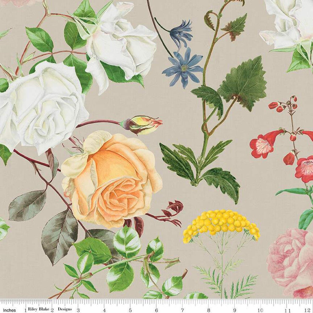 SALE LINEN Floral Gardens Floral LN14366 Natural  - Riley Blake Designs - Flowers Leaves - Quilting Cotton Linen Fabric