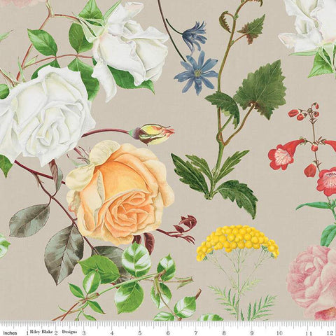 SALE LINEN Floral Gardens Floral LN14366 Natural  - Riley Blake Designs - Flowers Leaves - Quilting Cotton Linen Fabric