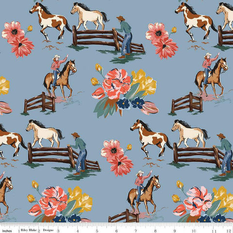 Wild Rose Main C14040 Blue by Riley Blake Designs - Flowers Horses Cowboys Cowgirls Western - Quilting Cotton Fabric