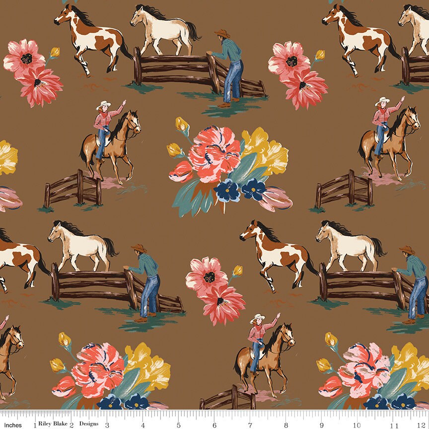 Wild Rose Main C14040 Brown - Riley Blake Designs - Flowers Horses Cowgirls Cowboys Western - Quilting Cotton Fabric