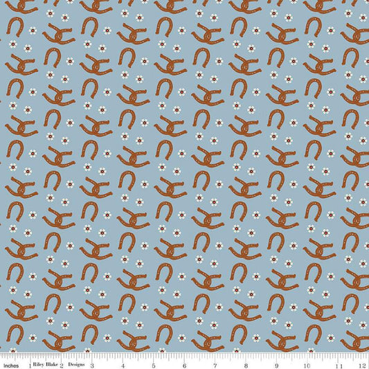 Wild Rose Horseshoes C14045 Blue - Riley Blake Designs - Flowers Western - Quilting Cotton Fabric