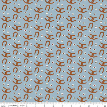 27" End of Bolt - Wild Rose Horseshoes C14045 Blue - Riley Blake Designs - Flowers Western - Quilting Cotton Fabric