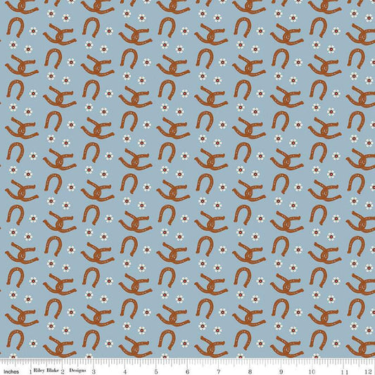 27" End of Bolt - Wild Rose Horseshoes C14045 Blue - Riley Blake Designs - Flowers Western - Quilting Cotton Fabric