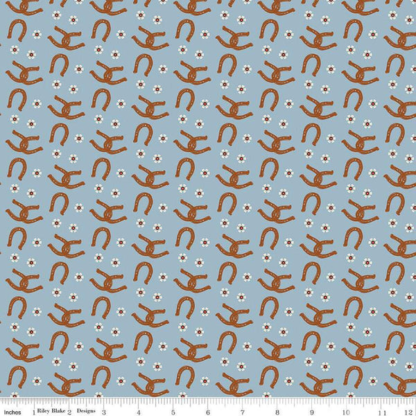 SALE Wild Rose Horseshoes C14045 Blue by Riley Blake Designs - Flowers Western - Quilting Cotton Fabric