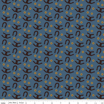 Wild Rose Horseshoes C14045 Denim - Riley Blake Designs - Flowers Western - Quilting Cotton Fabric