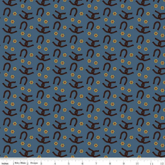 Wild Rose Horseshoes C14045 Denim - Riley Blake Designs - Flowers Western - Quilting Cotton Fabric