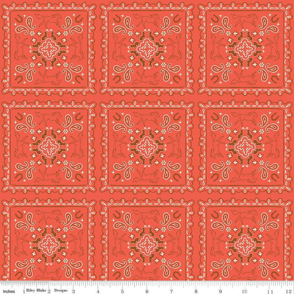 SALE Wild Rose Bandanas C14046 Cayenne by Riley Blake Designs - Flowers Paisleys Horseshoes Horses Western - Quilting Cotton Fabric
