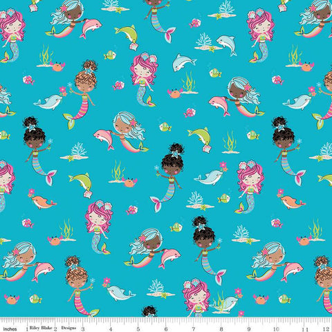 Mer-Mazing Main C14190 Blue by Riley Blake Designs - Mermaids Dolphins Sea Life - Quilting Cotton Fabric