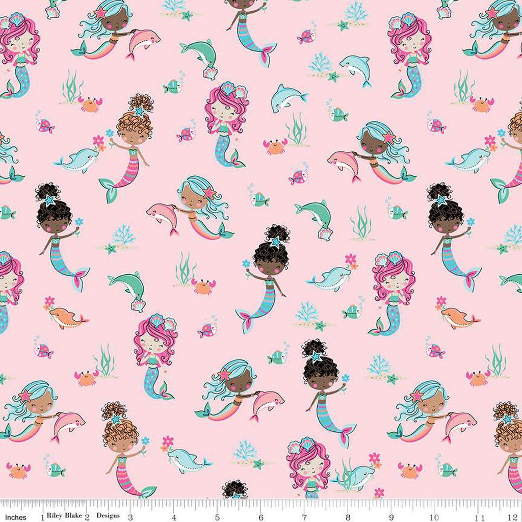 SALE Mer-Mazing Main C14190 Pink by Riley Blake Designs - Mermaids Dolphins Sea Life - Quilting Cotton Fabric