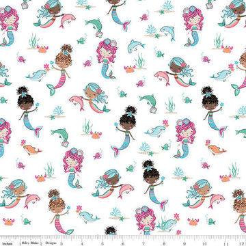 SALE Mer-Mazing Main C14190 White - Riley Blake Designs - Mermaids Dolphins Sea Life - Quilting Cotton Fabric