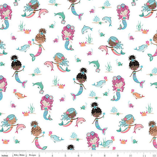 SALE Mer-Mazing Main C14190 White - Riley Blake Designs - Mermaids Dolphins Sea Life - Quilting Cotton Fabric