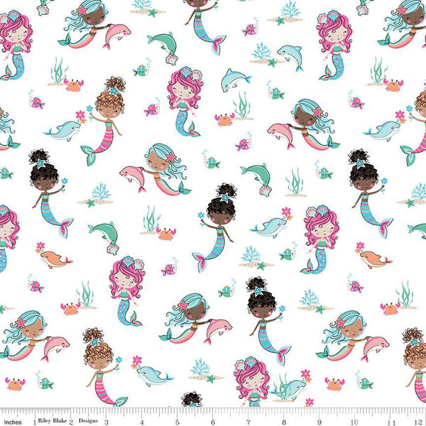 Mer-Mazing Main C14190 White by Riley Blake Designs - Mermaids Dolphins Sea Life - Quilting Cotton Fabric