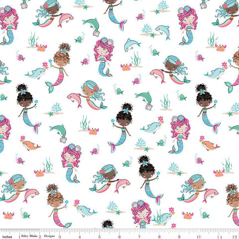 SALE Mer-Mazing Main C14190 White by Riley Blake Designs - Mermaids Dolphins Sea Life - Quilting Cotton Fabric