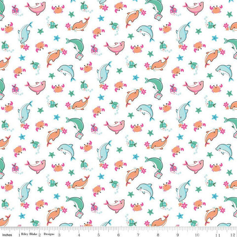 SALE Mer-Mazing Sea Creatures C14191 White by Riley Blake Designs - Fish Dolphins Crabs Starfish - Quilting Cotton Fabric