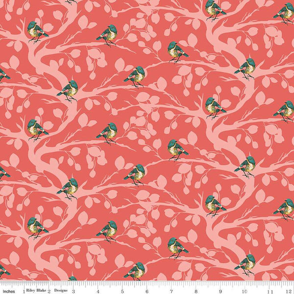 Porch Swing Birds and Branches C14051 Coral by Riley Blake Designs - Quilting Cotton Fabric