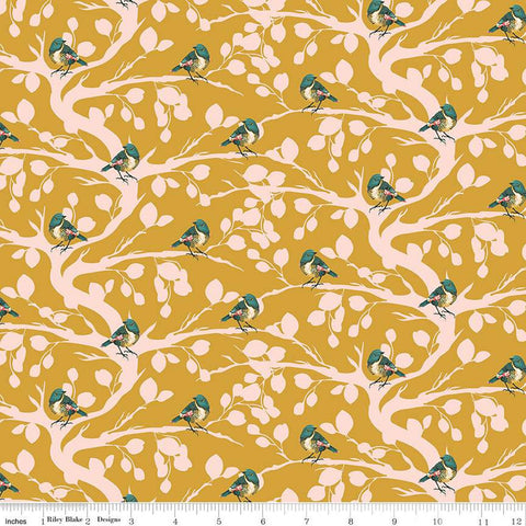 Porch Swing Birds and Branches C14051 Mustard - Riley Blake Designs - Quilting Cotton Fabric