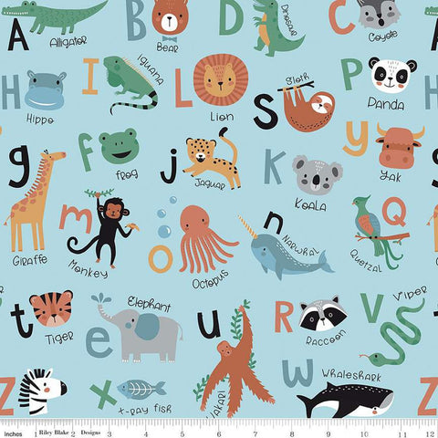 32" End of Bolt - Alphabet Zoo Main C14090 Aqua by Riley Blake Designs - Letters Animals - Quilting Cotton Fabric