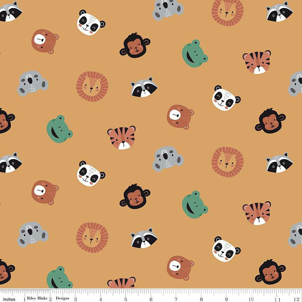 Alphabet Zoo Face Toss C14092 Gold - Riley Blake Designs - Animal Faces Animals - Quilting Cotton Fabric