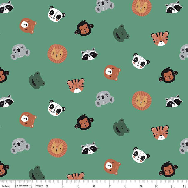 SALE Alphabet Zoo Face Toss C14092 Pine by Riley Blake Designs - Animal Faces Animals - Quilting Cotton Fabric