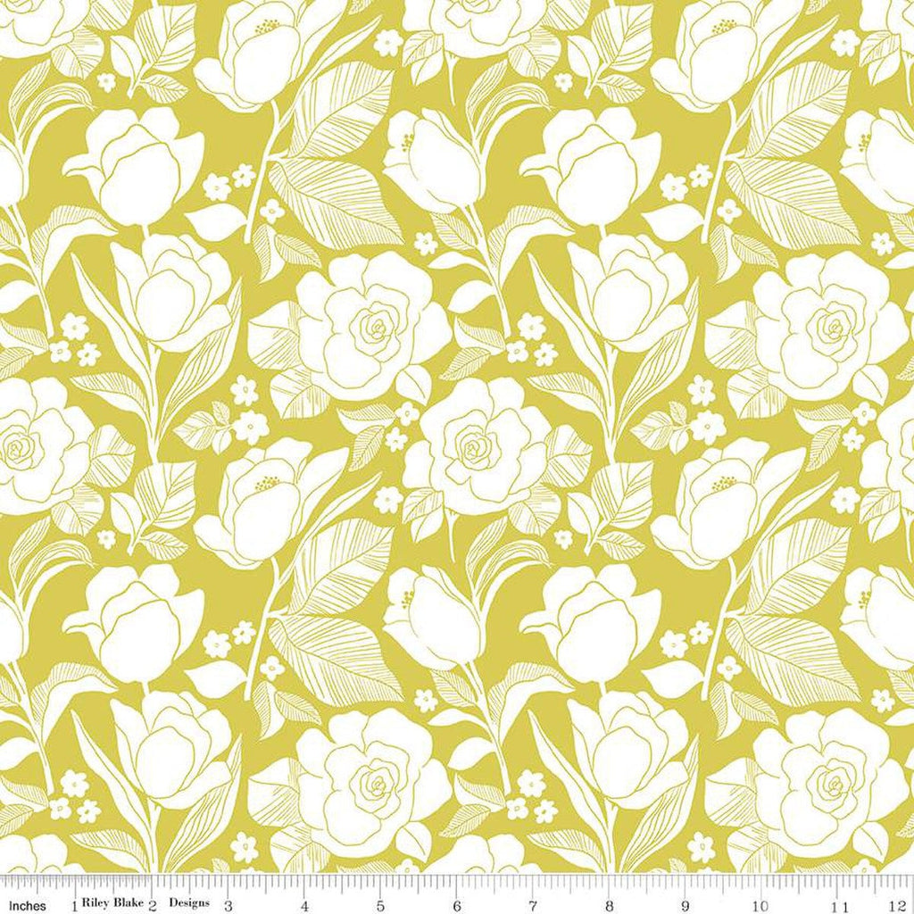SALE Flower Farm Tulips C13981 Lime by Riley Blake Designs - Floral White Flowers - Quilting Cotton Fabric
