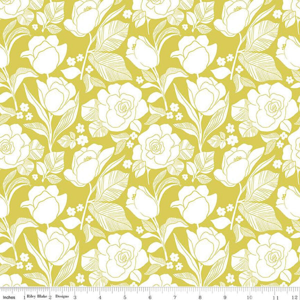 CLEARANCE Flower Farm Tulips C13981 Lime by Riley Blake  - Floral White Flowers - Quilting Cotton