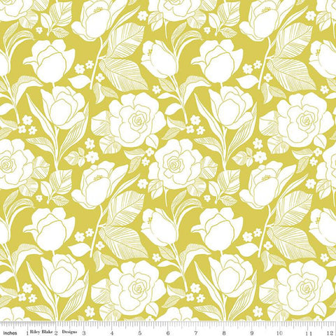 CLEARANCE Flower Farm Tulips C13981 Lime by Riley Blake  - Floral White Flowers - Quilting Cotton