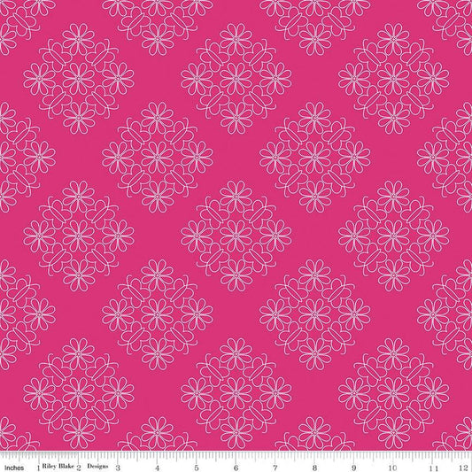 CLEARANCE Flower Farm Outlined Floral C13983 Magenta - Riley Blake Designs - Flowers - Quilting Cotton Fabric