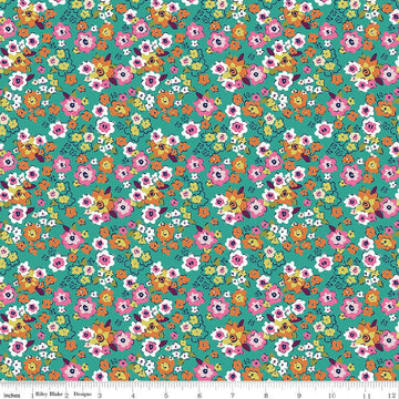 SALE Flower Farm Potted Flowers C13984 Teal - Riley Blake Designs - Floral Blossoms - Quilting Cotton Fabric