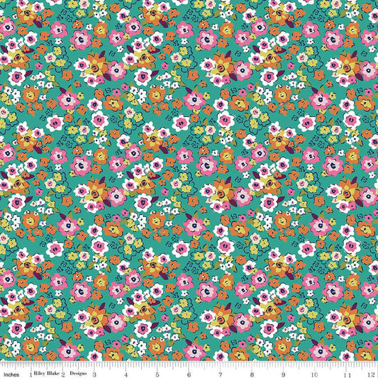 SALE Flower Farm Potted Flowers C13984 Teal - Riley Blake Designs - Floral Blossoms - Quilting Cotton Fabric