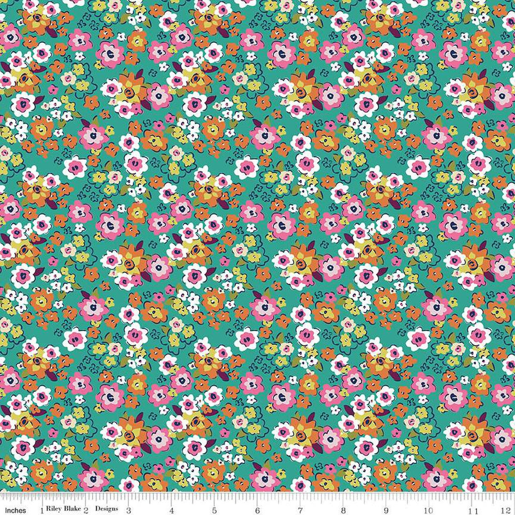 SALE Flower Farm Potted Flowers C13984 Teal by Riley Blake Designs - Floral Blossoms - Quilting Cotton Fabric