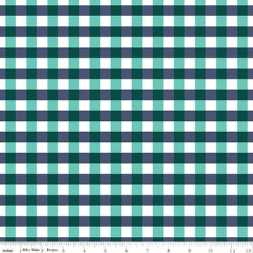 SALE Flower Farm PRINTED Gingham C13986 Teal - Riley Blake Designs - 1/2" Check Navy Teal White - Quilting Cotton Fabric