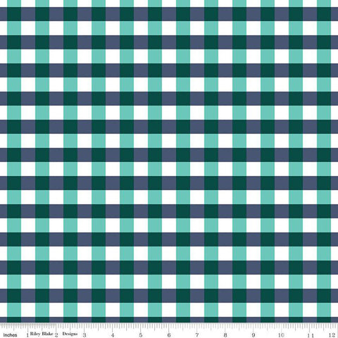 SALE Flower Farm PRINTED Gingham C13986 Teal by Riley Blake Designs - 1/2" Check Navy Teal White - Quilting Cotton Fabric