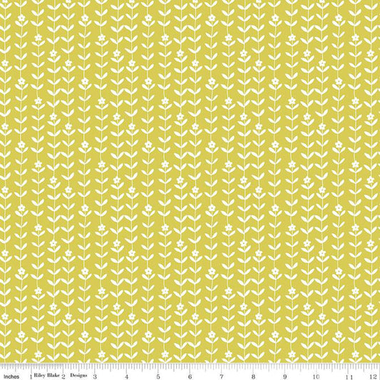 SALE Flower Farm Vines C13987 Lime - Riley Blake Designs - White Flowers Blossoms Leaves - Quilting Cotton Fabric