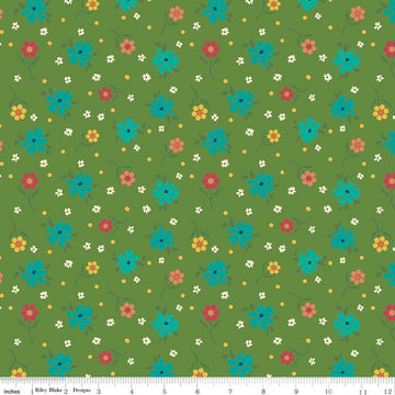 SALE Market Street Flowers C14123 Green - Riley Blake Designs - Floral Flower Dots - Quilting Cotton Fabric