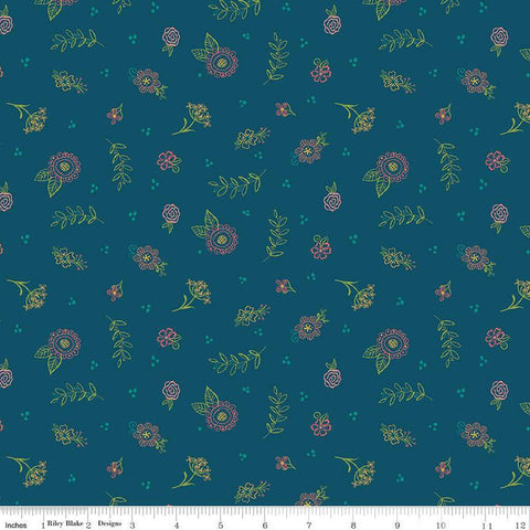 SALE Market Street Embroidery C14126 Navy by Riley Blake Designs - Dots Floral Outlined Flowers Leaves - Quilting Cotton Fabric
