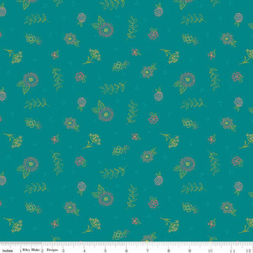 SALE Market Street Embroidery C14126 Teal - Riley Blake Designs - Dots Floral Outlined Flowers Leaves - Quilting Cotton Fabric