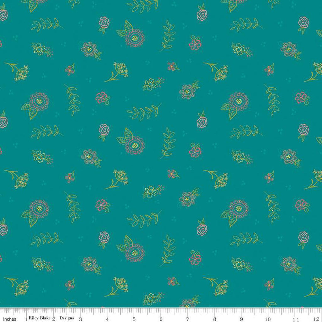 SALE Market Street Embroidery C14126 Teal by Riley Blake Designs - Dots Floral Outlined Flowers Leaves - Quilting Cotton Fabric