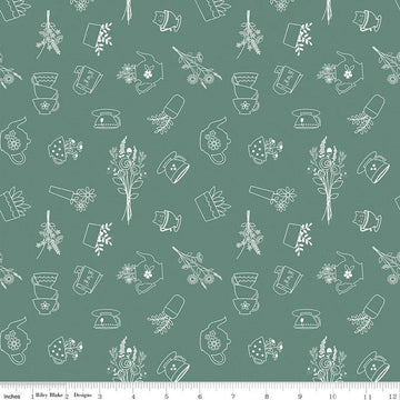 SALE Afternoon Tea Sketches C14031 Lodge Pole - Riley Blake Designs - Outlined Teapots Teacups Tea Bags Flowers - Quilting Cotton Fabric