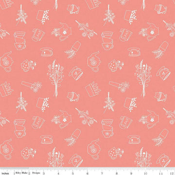 Afternoon Tea Sketches C14031 Salmon - Riley Blake Designs - Outlined Teapots Teacups Tea Bags Flowers - Quilting Cotton Fabric