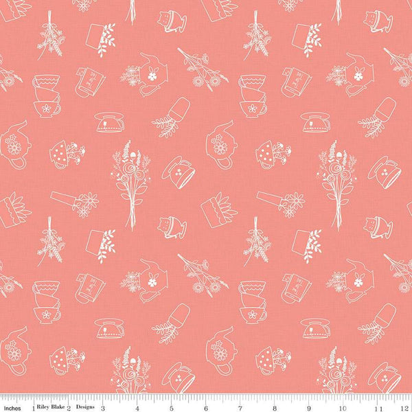 Afternoon Tea Sketches C14031 Salmon by Riley Blake Designs - Outlined Teapots Teacups Tea Bags Flowers - Quilting Cotton Fabric