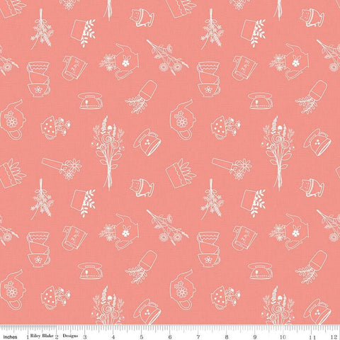 SALE Afternoon Tea Sketches C14031 Salmon by Riley Blake Designs - Outlined Teapots Teacups Tea Bags Flowers - Quilting Cotton Fabric