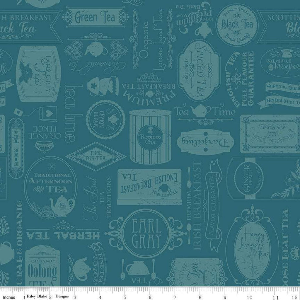 Afternoon Tea Labels C14032 Colonial Blue by Riley Blake Designs - Text Tone-on-Tone - Quilting Cotton Fabric