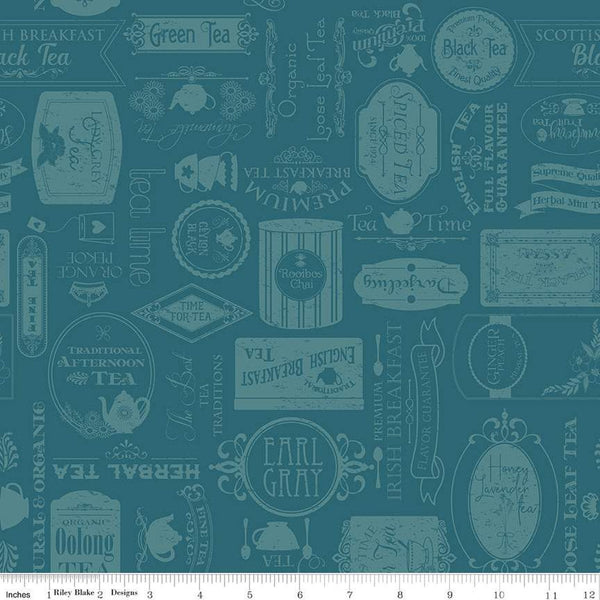 Afternoon Tea Labels C14032 Colonial Blue by Riley Blake Designs - Text Tone-on-Tone - Quilting Cotton Fabric