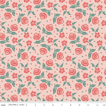 SALE Afternoon Tea Stitched Flowers C14033 Peaches 'n Cream - Riley Blake Designs - Floral Pixelated Flowers - Quilting Cotton Fabric