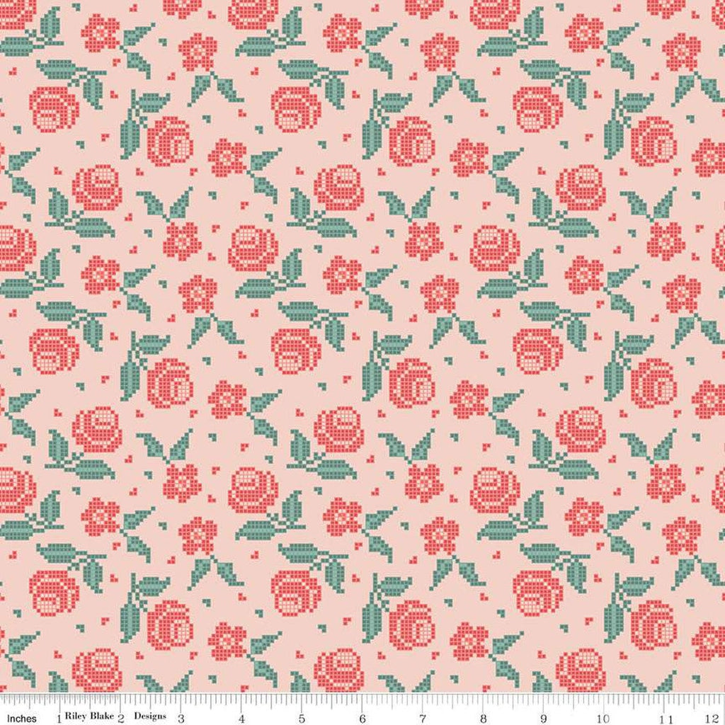 SALE Afternoon Tea Stitched Flowers C14033 Peaches 'n Cream by Riley Blake Designs - Floral Pixelated Flowers - Quilting Cotton Fabric