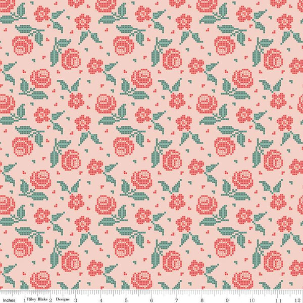 Afternoon Tea Stitched Flowers C14033 Peaches 'n Cream by Riley Blake Designs - Floral Pixelated Flowers - Quilting Cotton Fabric