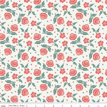 DEAL Afternoon Tea Stitched Flowers C14033 Sand - Riley Blake Designs - Floral Pixelated Flowers - Quilting Cotton Fabric