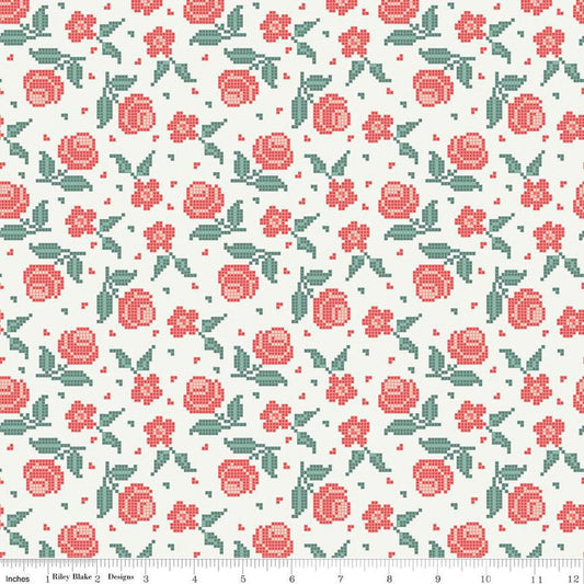 DEAL Afternoon Tea Stitched Flowers C14033 Sand - Riley Blake Designs - Floral Pixelated Flowers - Quilting Cotton Fabric