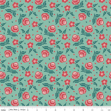SALE Afternoon Tea Stitched Flowers C14033 Scrubs - Riley Blake Designs - Floral Pixelated Flowers - Quilting Cotton Fabric